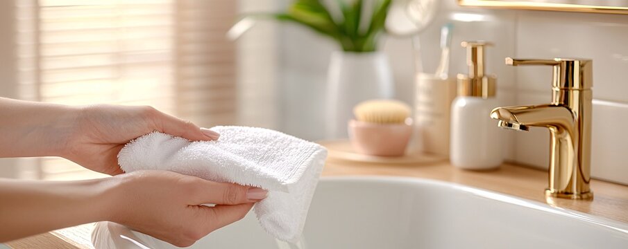 Bathtub cleaning sanitized concept. Hands holding a towel near a sink with a modern faucet and decorative items, creating a fresh and inviting bathroom ambiance.