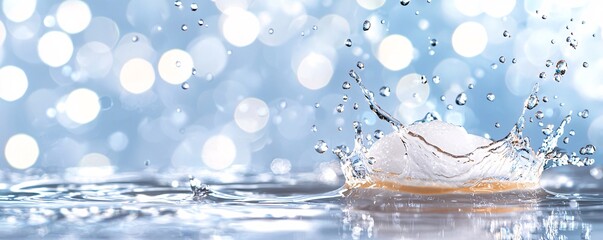 Bathtub cleaning sanitized concept. A close-up of a water splash creating ripples against a blurred blue background, capturing the essence of freshness and tranquility.