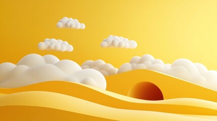 Cartoonish yellow landscape with white clouds.