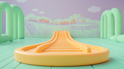 Pastel Yellow Train Track Slide in Playroom with Cartoon Train Mural