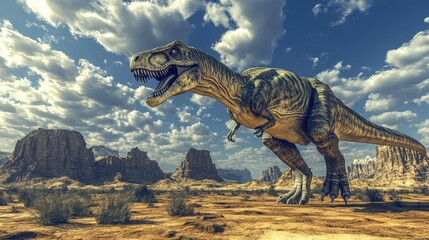 A realistic depiction of a dinosaur in a desert landscape under a cloudy sky.