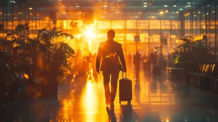 Businessman walking airport sunset silhouette.