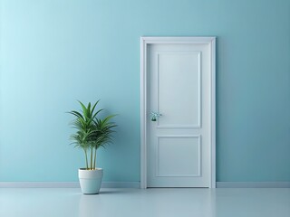 Pastel blue hues highlight a minimalist urban scene: white door, window, and vibrant plant.