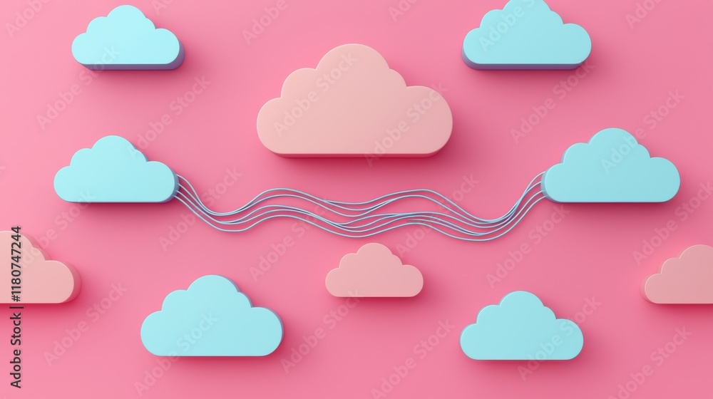 Poster a colorful illustration featuring stylized clouds on a pink background, interconnected by wavy lines