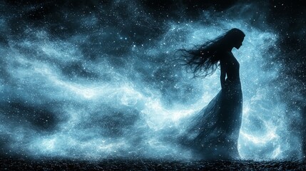 Obraz premium Silhouette of woman in flowing dress amidst a cosmic, nebula-like background.