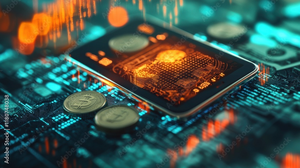 Poster Showcasing a digital wallet with high fidelity glow effects futuristic setting graphic design tech environment close-up viewpoint innovative concept for enhanced user experience