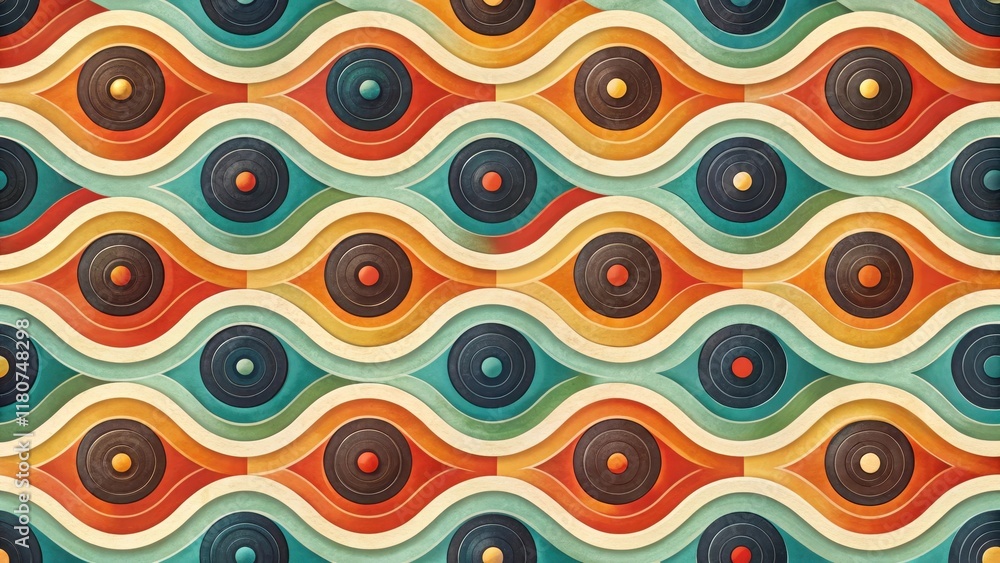 Wall mural abstract retro wave pattern design with concentric circles and vintage color palette