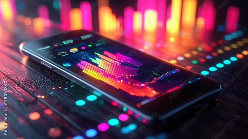 Poster analyzing futuristic glowing balance analytics interface digital workspace data visualization high-f