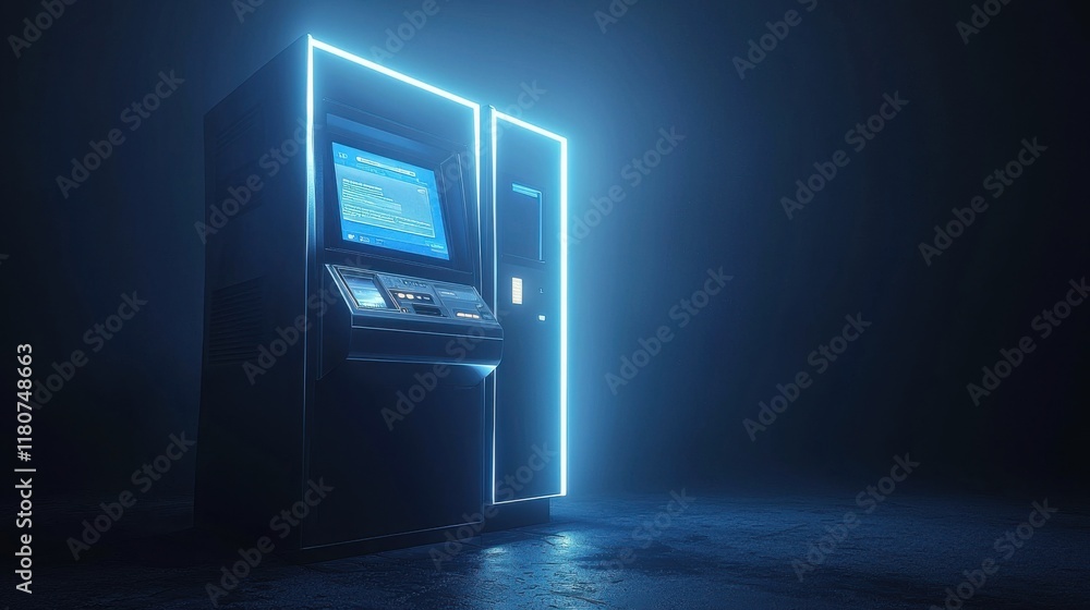 Poster enhancing digital transactions glowing atm with smartphone integration urban settings high-fidelity 