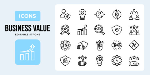 Business value outline icon set isolated on white background vector illustration