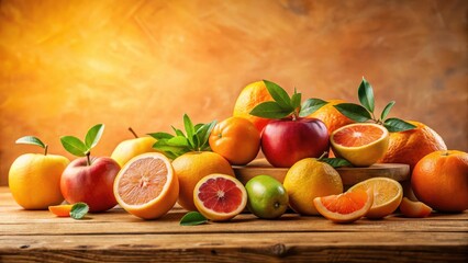 A vibrant collection of ripe citrus fruits and apples arranged on a rustic wooden surface, bathed in warm, golden light, creating a still life of fresh, healthy produce