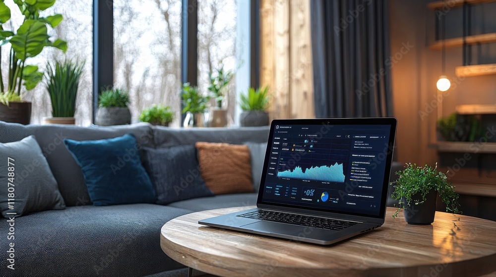 Aufkleber showcasing a minimalist laptop screen with futuristic interface in a cozy living room setting high f