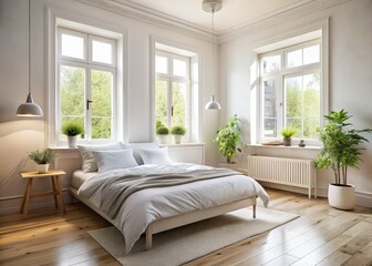 Serene white bedroom bathed in soft window light; minimalist Scandinavian design, pastel palette.