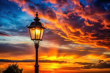 Silhouetted streetlights paint the vibrant sunset cityscape in low light.