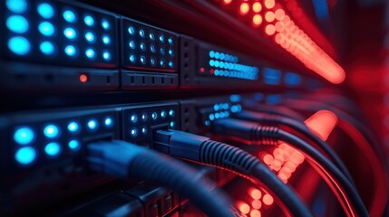 Naklejka premium Close-up of modern server racks with glowing blue, red LEDs and network cables in a futuristic data center