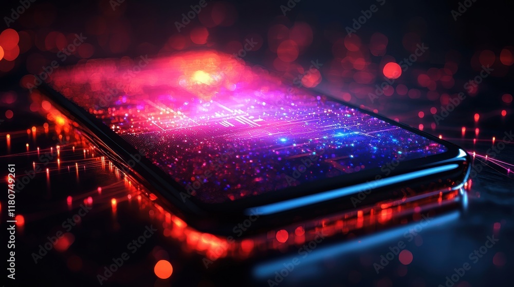 Poster Glowing internet banking action on smartphone screen digital environment low fidelity viewpoint of technology concept
