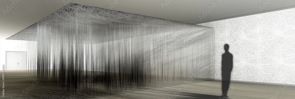 Poster a minimalist space featuring hanging strands creating an immersive experience.