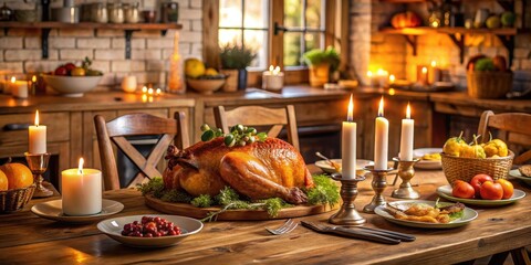 Cozy rustic wooden table with a warm candle centerpiece and a delicious turkey dinner setup , thanksgiving dinner, country kitchen