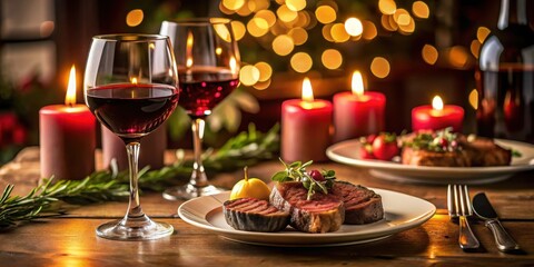 A romantic dinner for two with steaks and red wine on a candlelit table