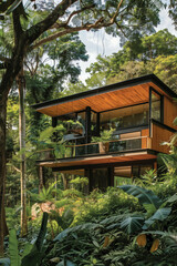  Sleek, modern home surrounded by lush forest with sustainable energy features