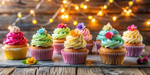 A stack of colorful cupcakes including birthday flavors sits on a reclaimed wood table surrounded by twinkling string lights and decorative flowers, wooden table, string lights
