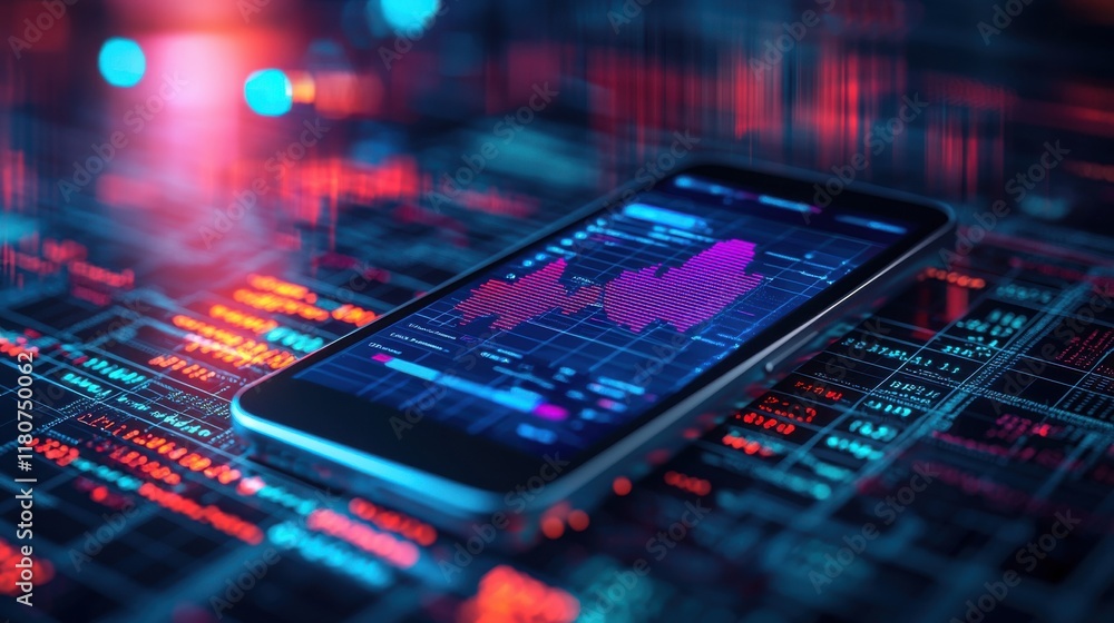 Poster Closeup of a smartphone displaying dynamic internet trends digital workspace high fidelity graphics modern technological environment overhead view internet connectivity concept