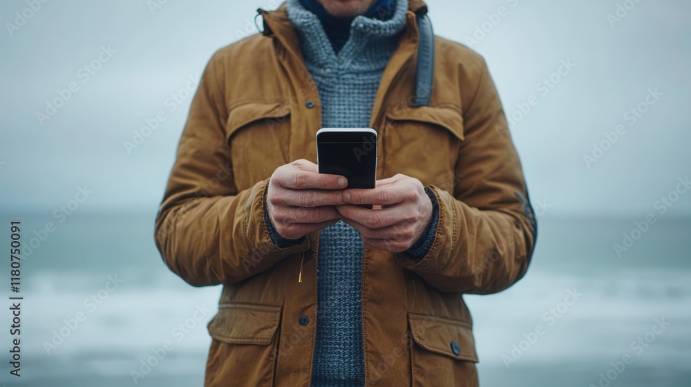 Poster Dynamic internet exploration closeup of smartphone in coastal environment high fidelity content engaging viewpoint
