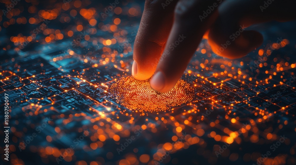 Poster unlocking high fidelity creative closeup of a fingerprint on an interconnected network digital envir