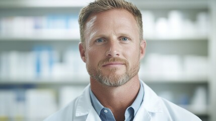 Fototapeta premium A man in a white lab coat stands in front of a shelf of medicine bottles