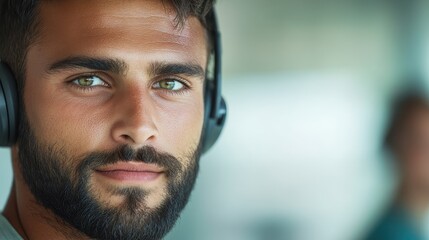 Obraz premium A man with a beard and green eyes wearing headphones