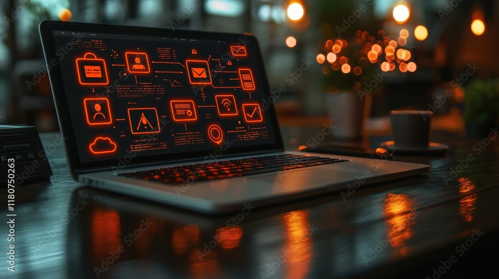 Poster illuminated creative internet banking icons digital workspace graphic design nighttime environment o