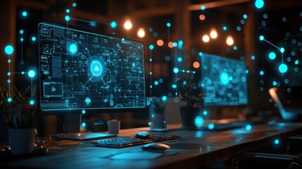 Illuminating creative internet banking icons modern office digital imagery high fidelity environment close-up view glowing concepts