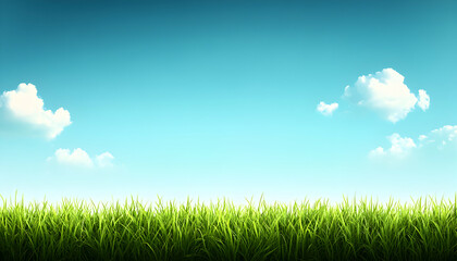 Obraz premium Serene landscape photo featuring vibrant green grass against a bright blue sky with fluffy white clouds. Ideal for backgrounds, websites, or presentations.