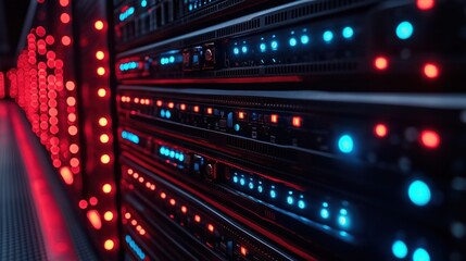 Close-up of modern server racks with glowing blue, red LEDs and network cables in a futuristic data center