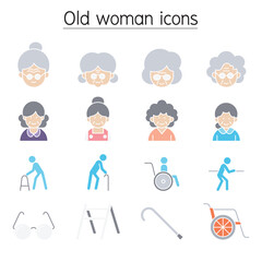 Fototapeta premium Old woman, Elder woman, Grandmother icon set in thin line style
