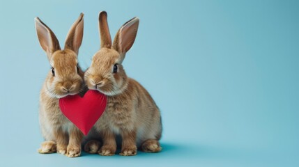 Obraz premium Bunnies Valentine's Day. Animal holding a red heart on a soft blue background. Playful and affectionate atmosphere perfect for expressing love background with copy space. Holiday romantic banner.
