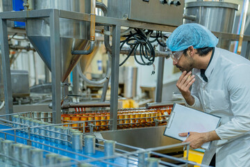 A professional factory worker inspects and monitors canned food processing on an automated assembly line in a modern industrial plant for quality assurance.