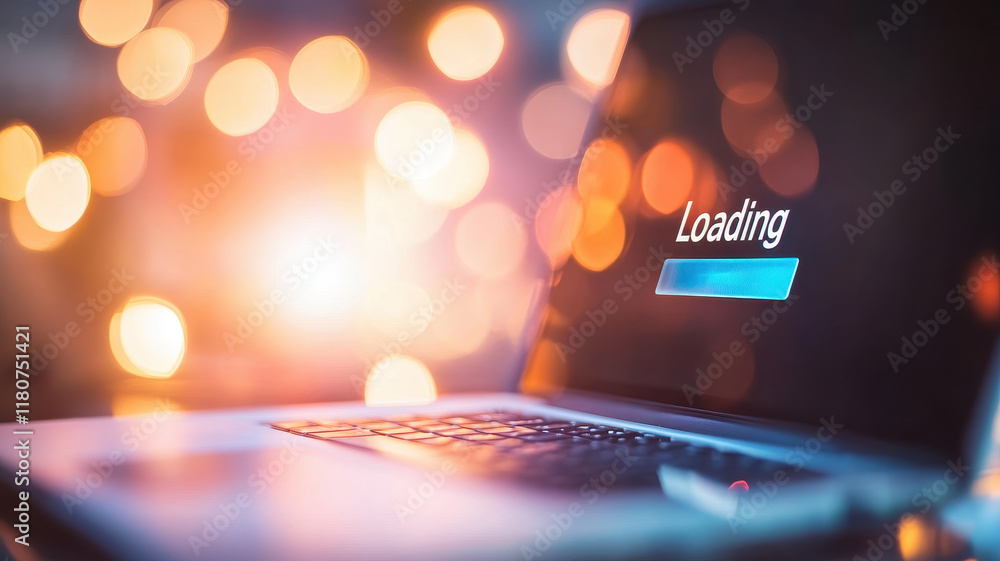 Poster loading screen on laptop with blurred bokeh background, creating anticipation