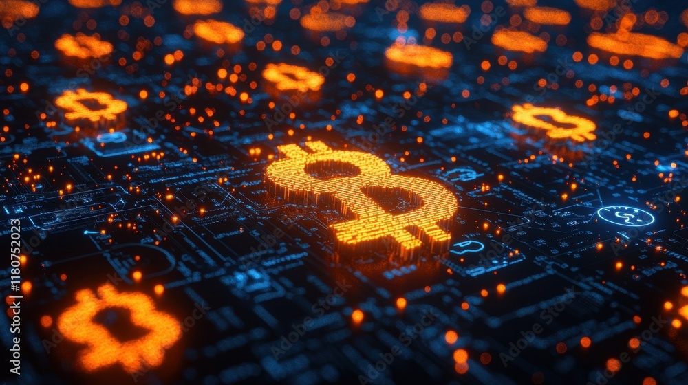 Poster Virtual coins and bills floating in a glowing digital environment high fidelity view of cryptocurrency revolution