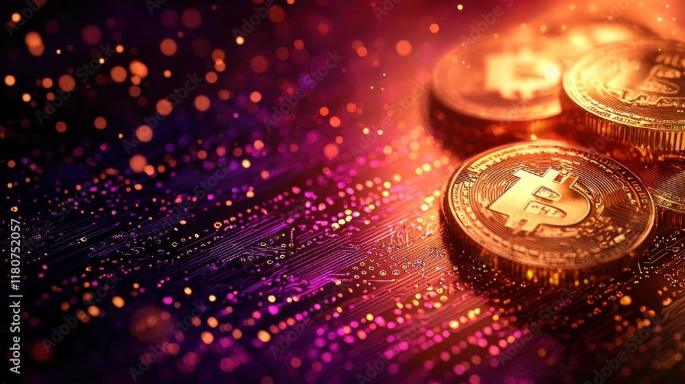 Poster floating virtual coins and bills in a glowing digital environment high fidelity cryptocurrency conce