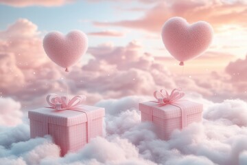 Heart Balloon Gift Boxes Floating in a Dreamy Cloudy Sky Scene
