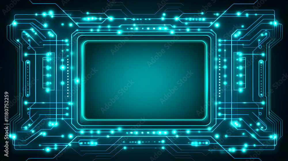 Poster abstract glowing teal circuit board background with central empty screen. ideal for tech, digital, a