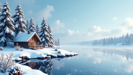 Serene Winter Cabin by Frozen Lake A Picturesque Snow Covered Log Home Nestled Amongst Snowy Evergreens Reflecting in Calm Waters