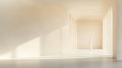 The hallway is very empty and the person is the only one in it