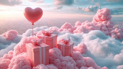 3D Heart Balloon and Gift Boxes Floating Among Pink Clouds