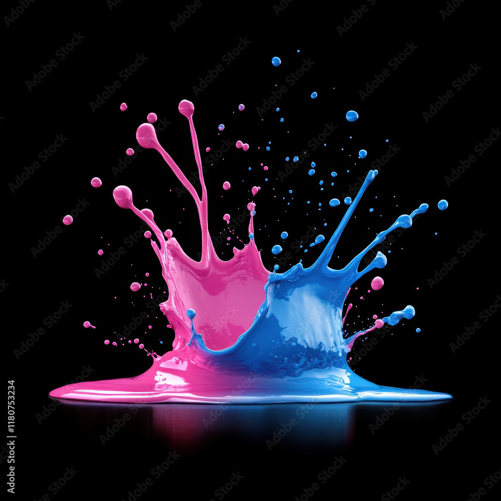 Poster dynamic splash of glowing neon paint in vivid blues and pinks, creating energetic and vibrant visual