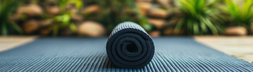 Naklejka premium A rolled yoga mat on the floor, promoting relaxation and wellness.