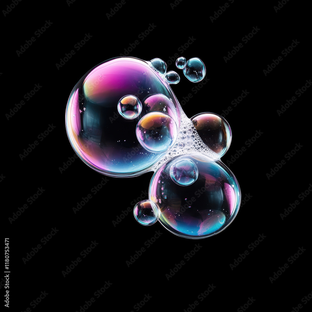 Poster floating soap bubbles with iridescent sheen create mesmerizing display of colors and reflections, ev