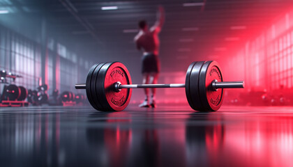 Close-up of a barbell in a gym with vibrant lighting effects.