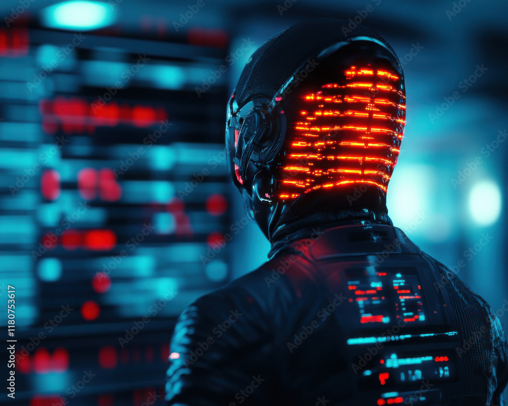 Poster futuristic figure with illuminated design in a tech environment.